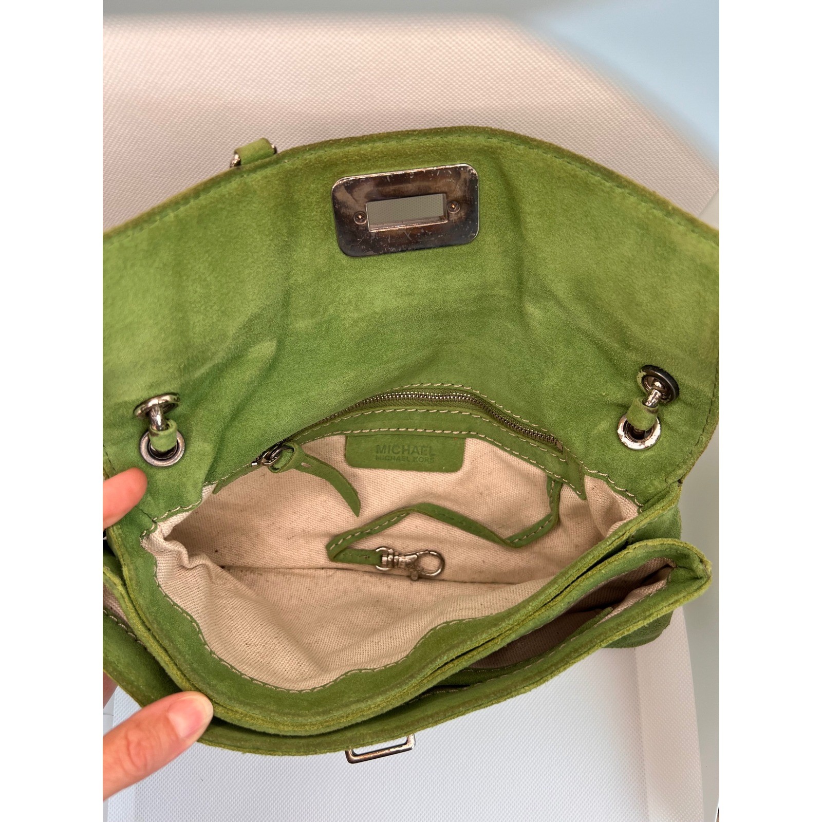 Michael Kors Shoulder Bag Womens Small Green Good Suede Chain Turn Lock