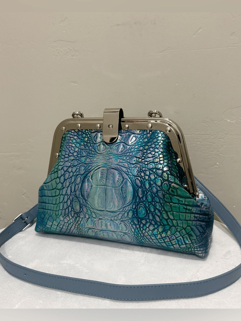 Iridescent Croc-Embossed Cowhide Handmade Unique Rivet Frame Bag, Large Size