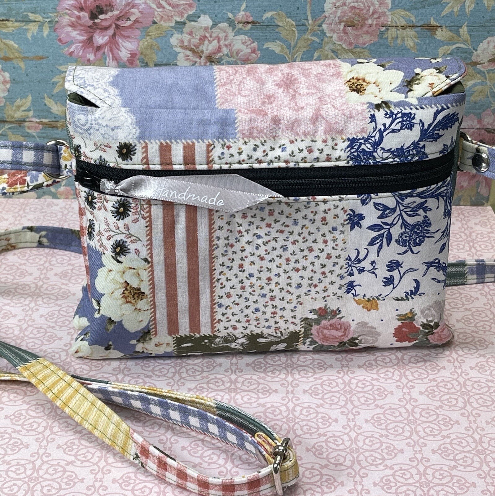 Spring Patchwork Fabric Double Pouch Phone Crossbody w Adjustable Strap Handmade