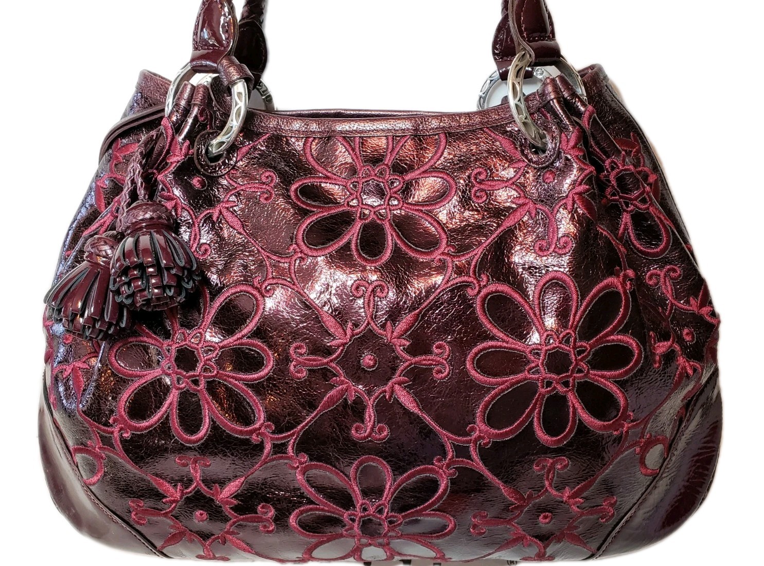 BRIGHTON VALENCIA BLACK CHERRY FLORAL EMBROIDERED TASSELED HANDBAG SHOULDER BAG
