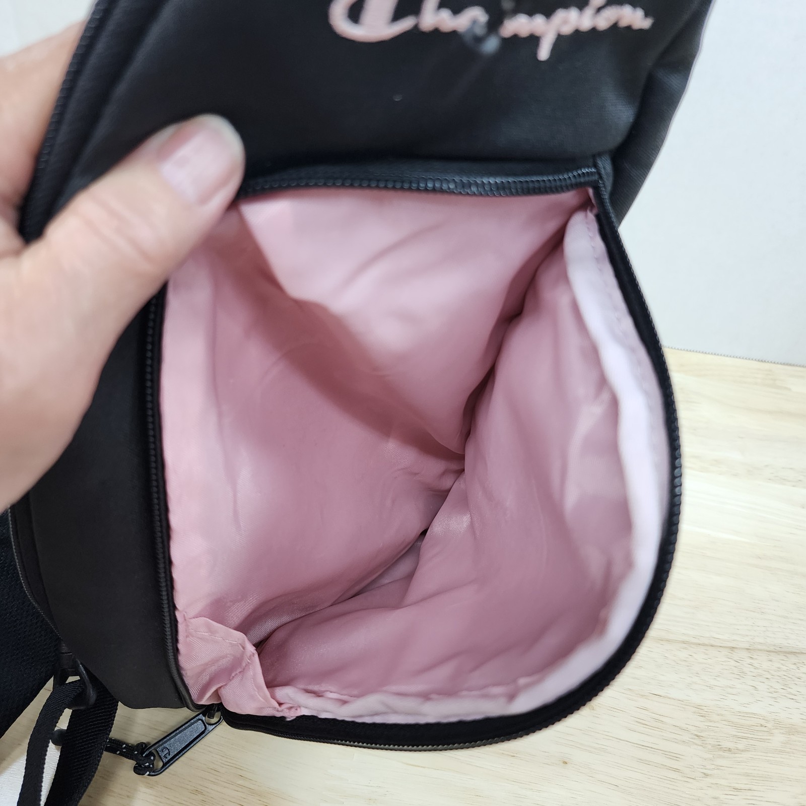 Champion Sling Bag Crossbody Backpack Black Pink Logo Athletic Travel Vacation