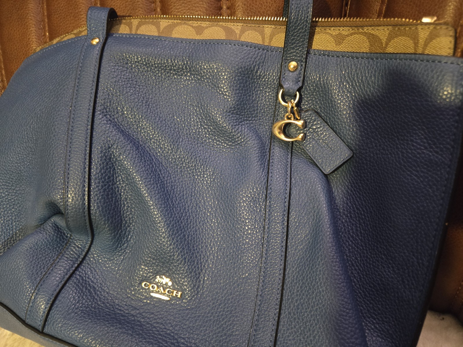 Coach Pebbled Leather Tote Deep Atlantic Khaki Blue Logo Tag Gold Hardware Zip