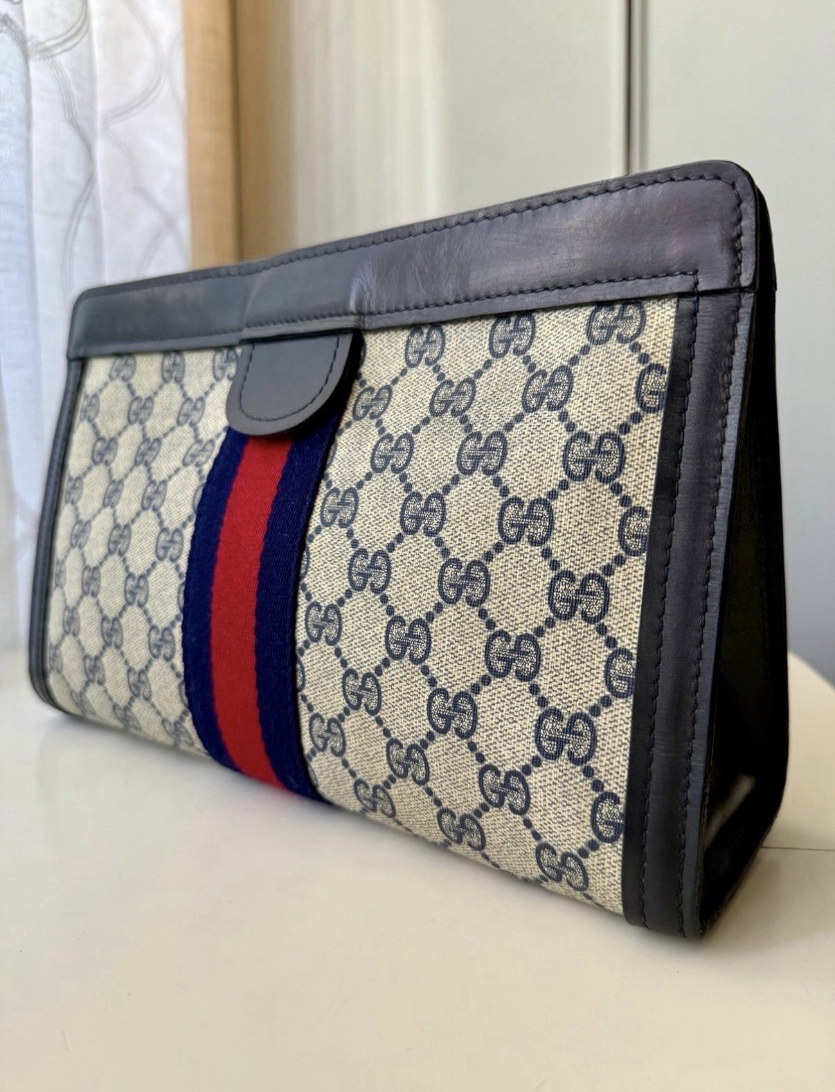 GUCCI GG Monogram Navy Leather Vintage Web Sherry Line Clutch Bag