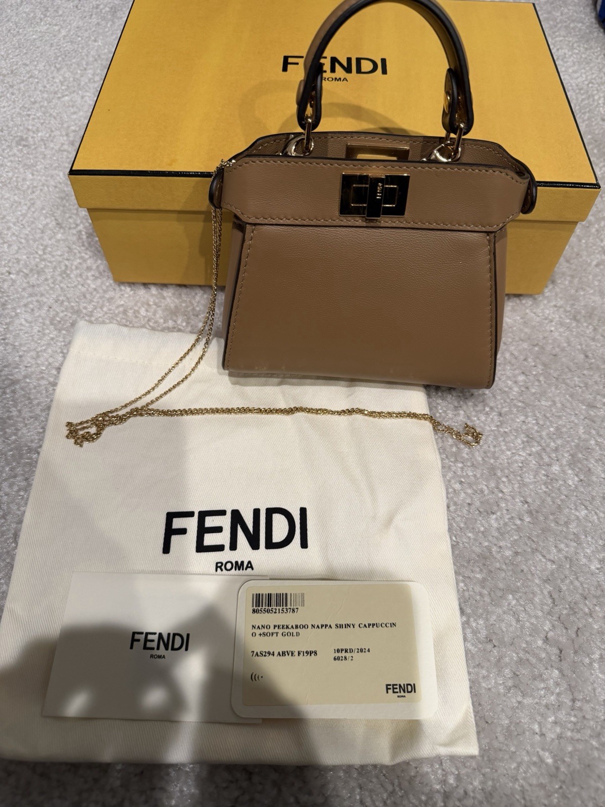 Fendi Peekaboo Nano Beige Top Handle Satchel Turn Lock Chain Strap Gold HW