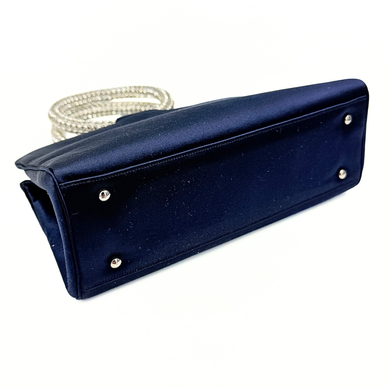 Judith Leiber Midnight Blue Satin Rhinestone O-Ring Top Handle Clutch Bag
