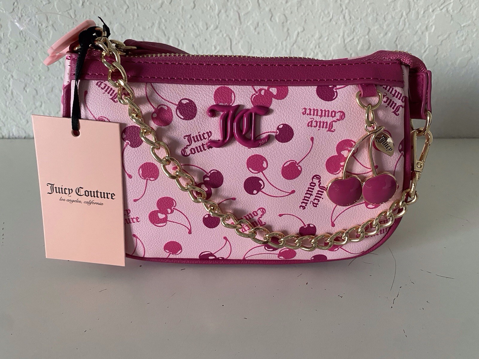 Juicy Couture Cherry On Top Mini Wristlet Bag Light Pink Raspberry Tart W/Charm