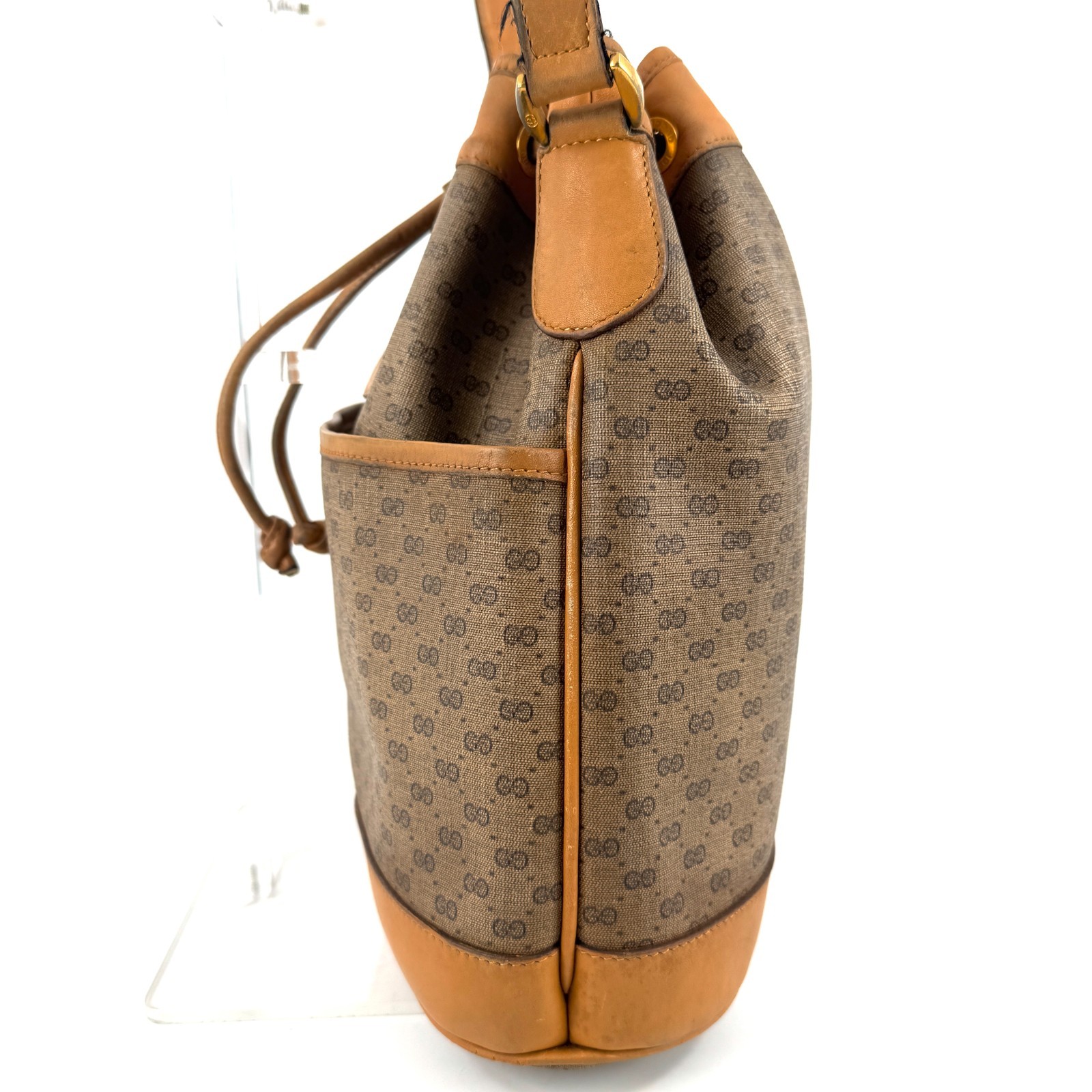 Gucci Micro Gg Drawstring Bag Beige Brown Pvc Leather Auth From Japan
