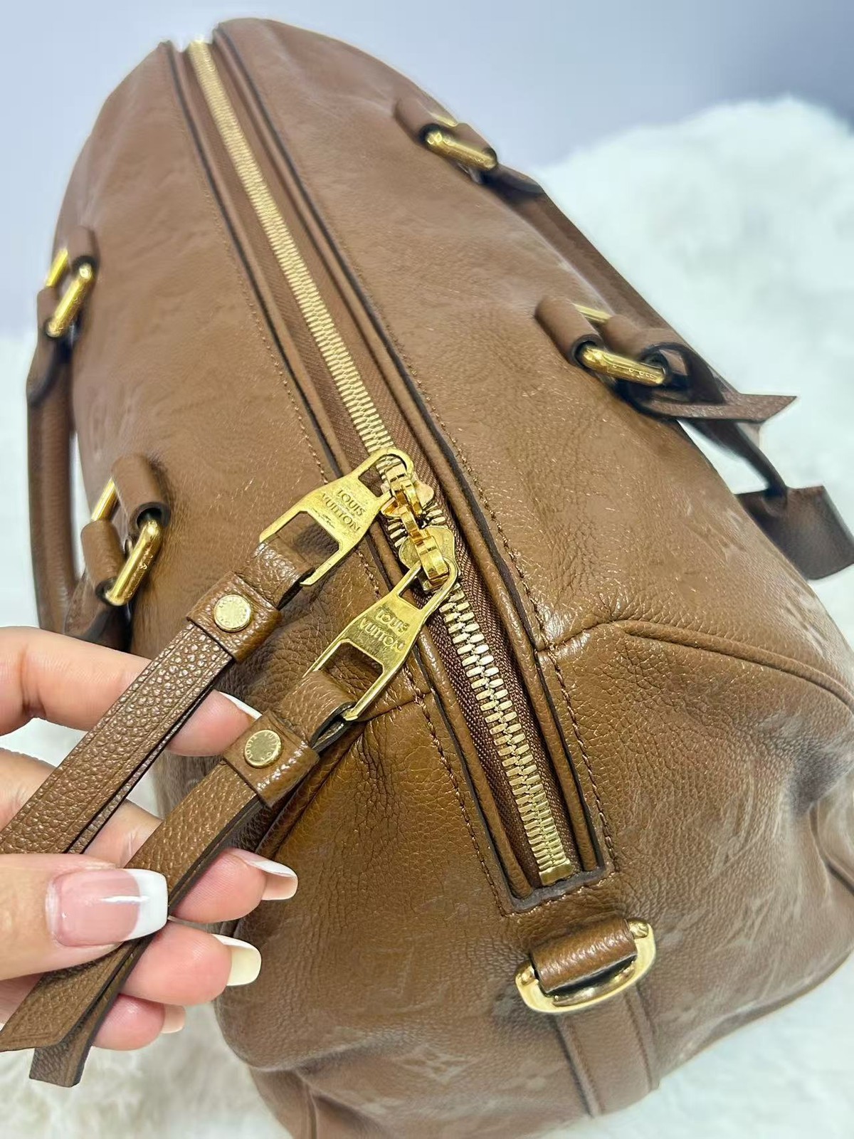 Louis Vuitton Speedy 30 Bandouliere Boston Bag Brown Empreinte Leather Gold