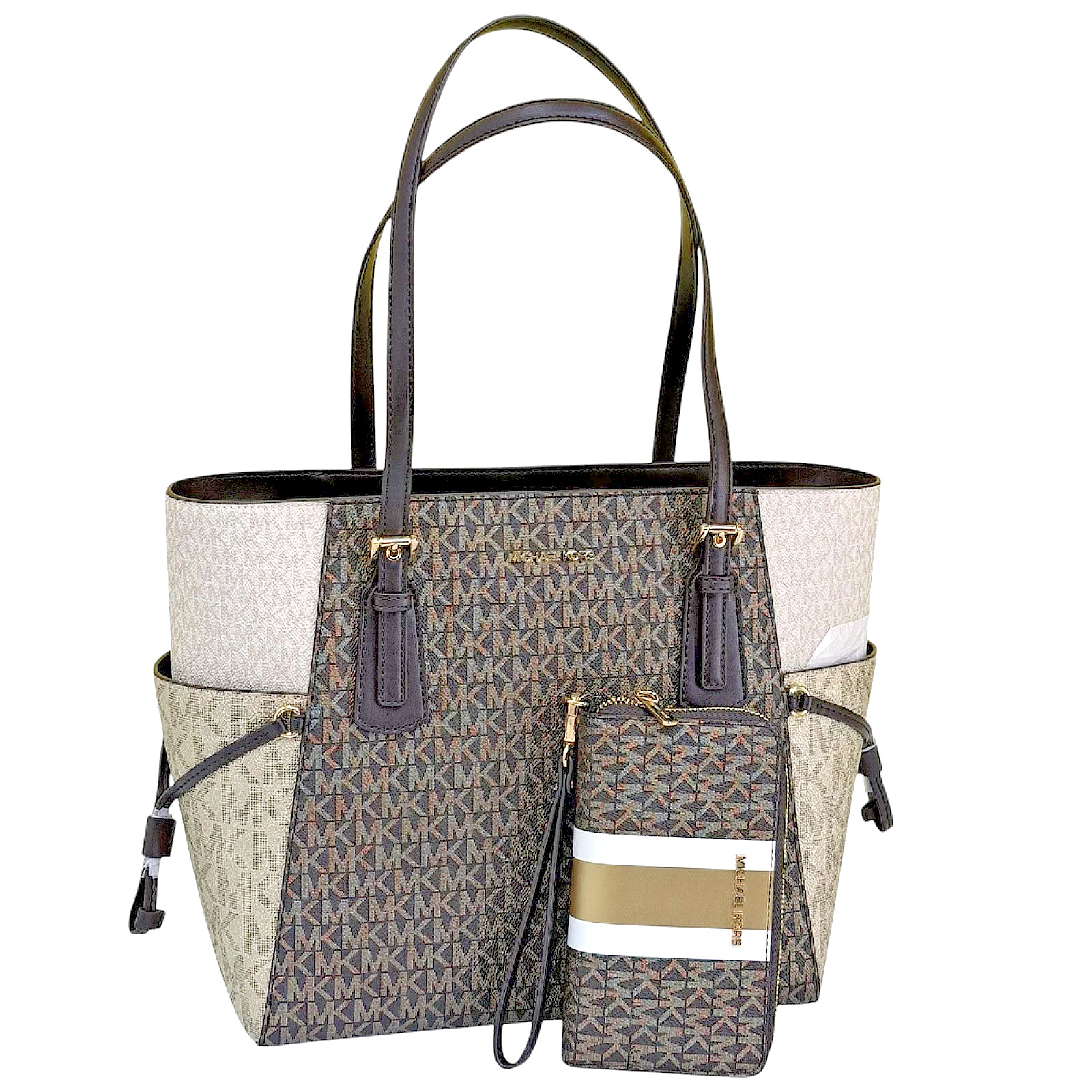 Michael Kors Voyager Large Tote MK Logo Signature Bag + Wallet Set Brown Multi