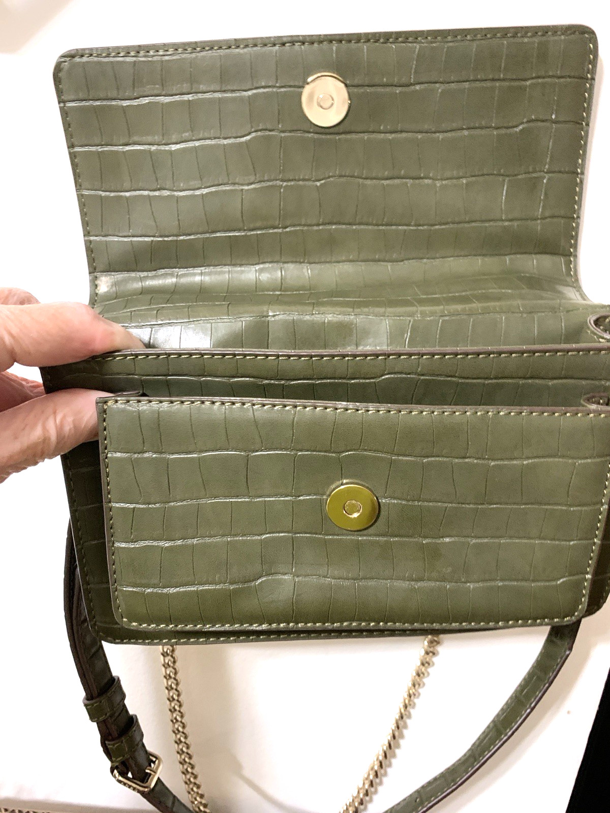 DKNY, Green Color Shoulder Bag With A Green And Gold Strap And Snap Closure.