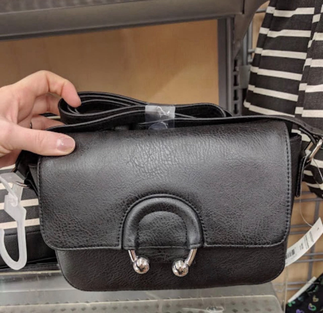 Women’s Black Small Pebbled Crossbody Bag Flap Magnetic, Buckle, Silver