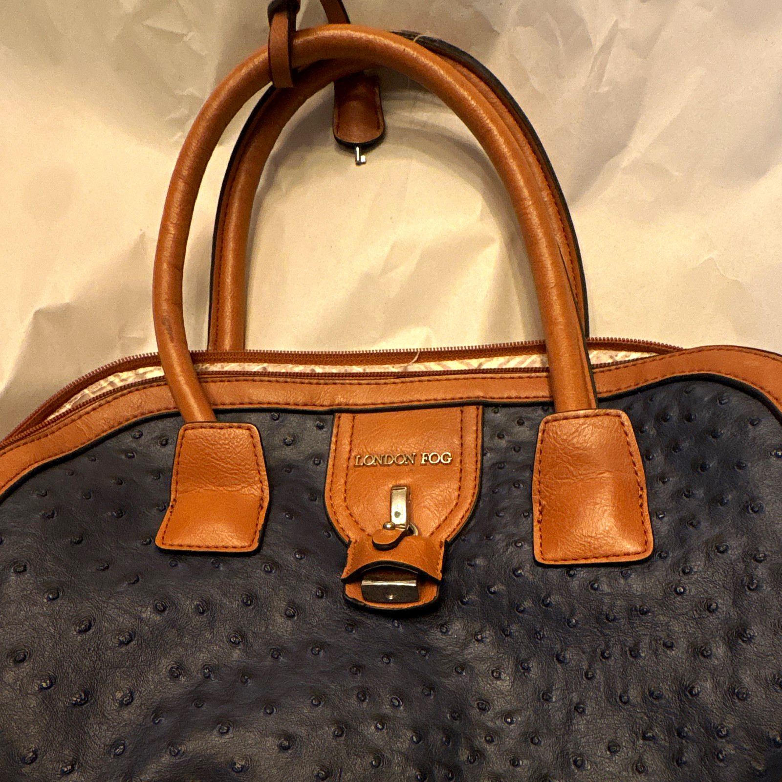 London Fog Women’s Blue Ostrich Embossed Satchel Brown Trim Zip Detach Strap