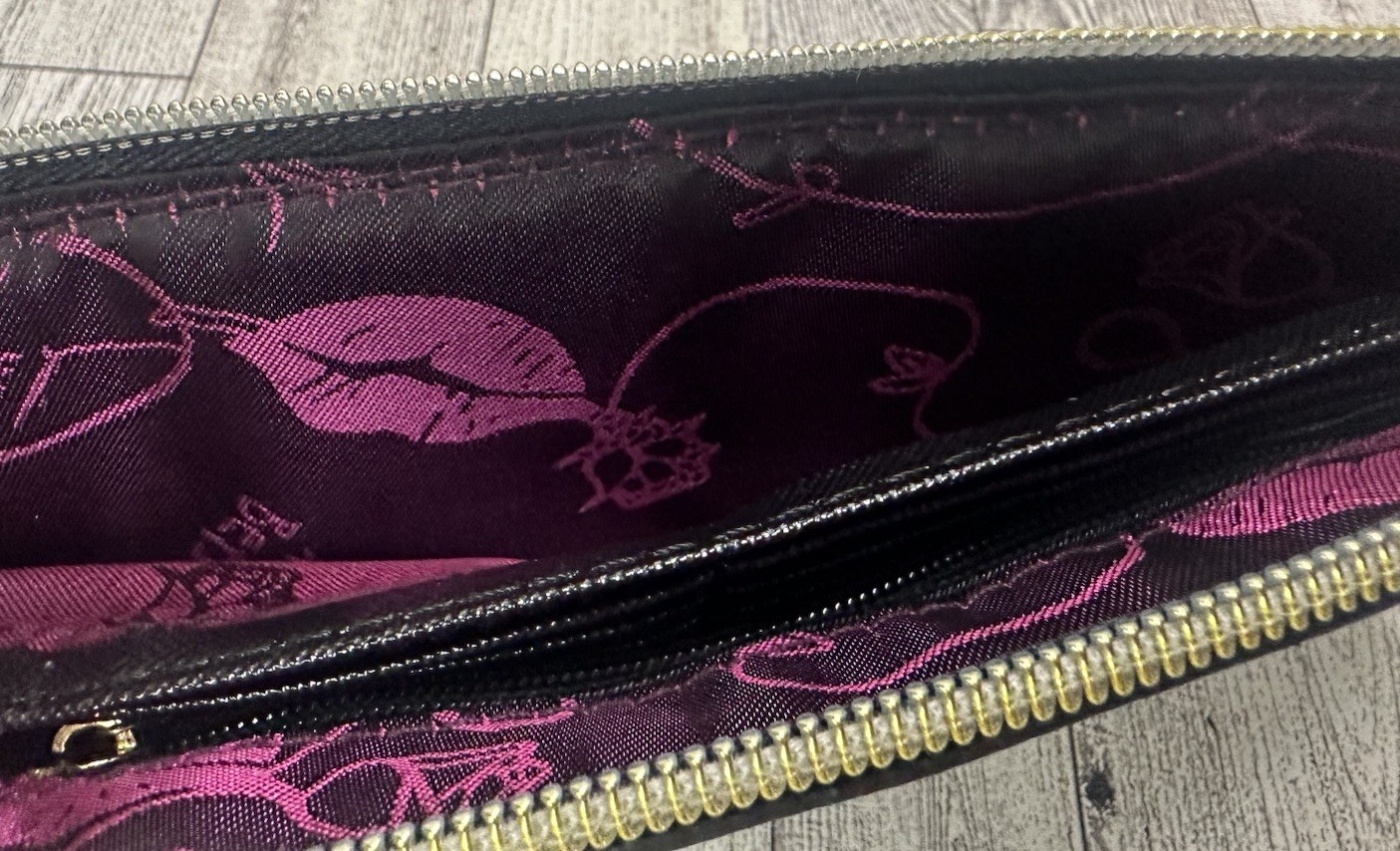 Betsey Johnson Clutch Wallet Black Faux Patent PU- Purple Satin Signature Lining