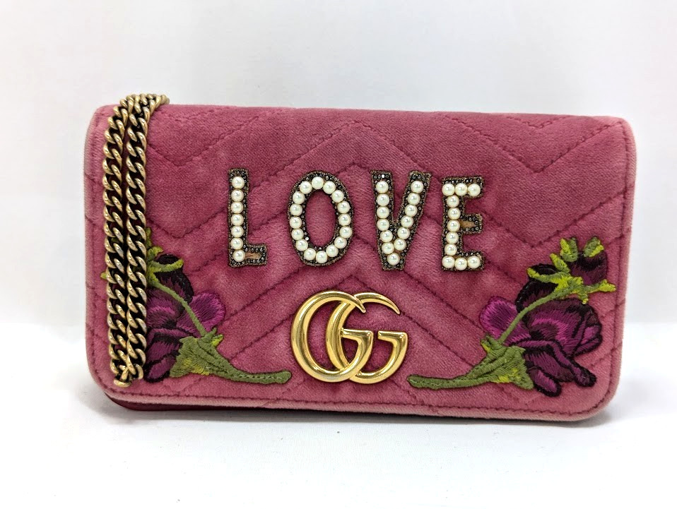 Gucci Velour GG Marmont Velvet Chain Shoulder Bag Pink Floral 488426 2149 Auth