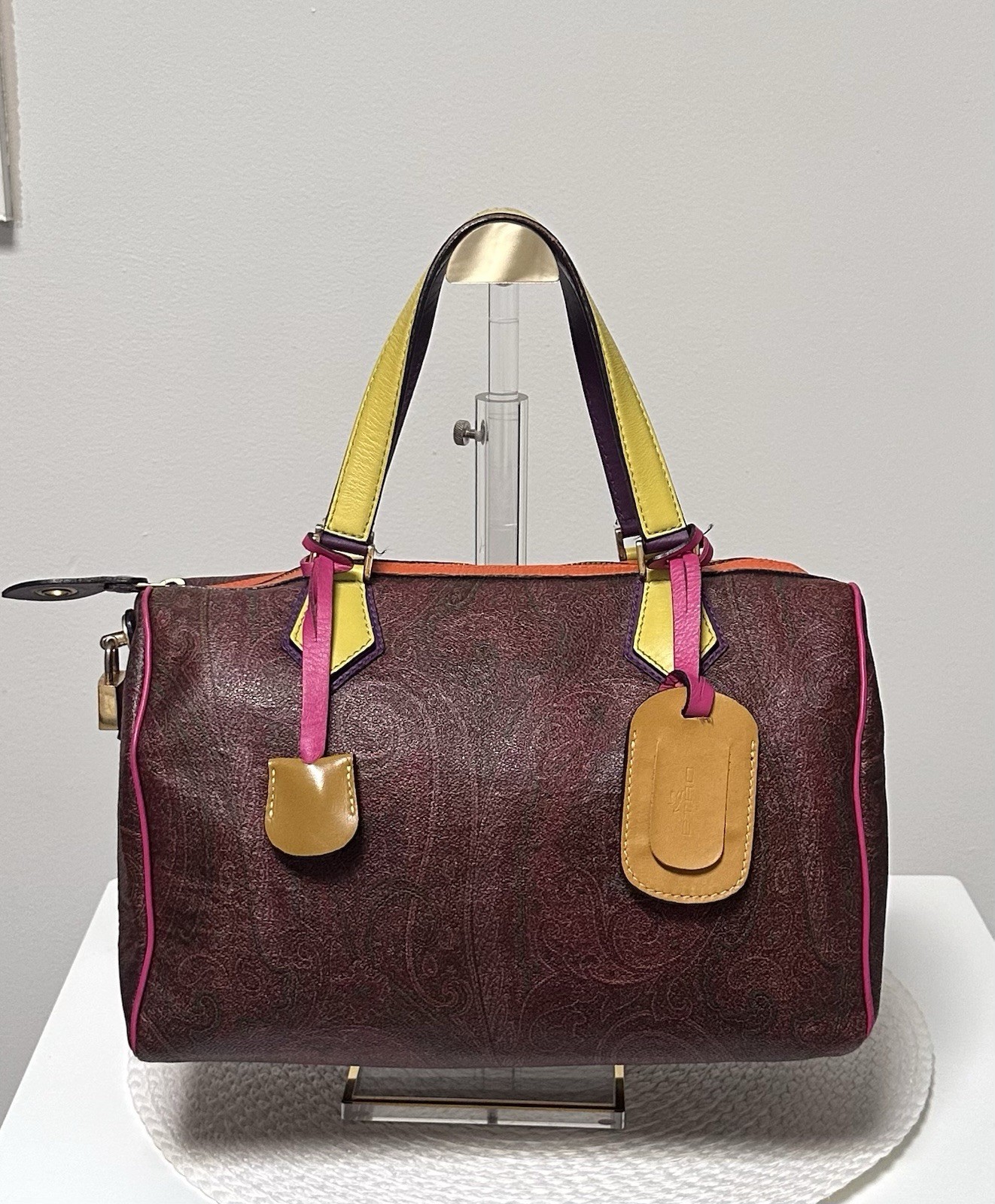 Etro Boston Speedy Leather Bag Tote Multicolor Trim Lock Key Rare Luxury Italy