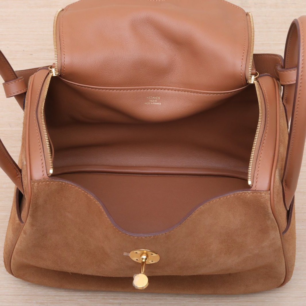 HERMES Lindy 26cm Gold(37) Doblis Suede Leather Swift Leather Shoulder Bag