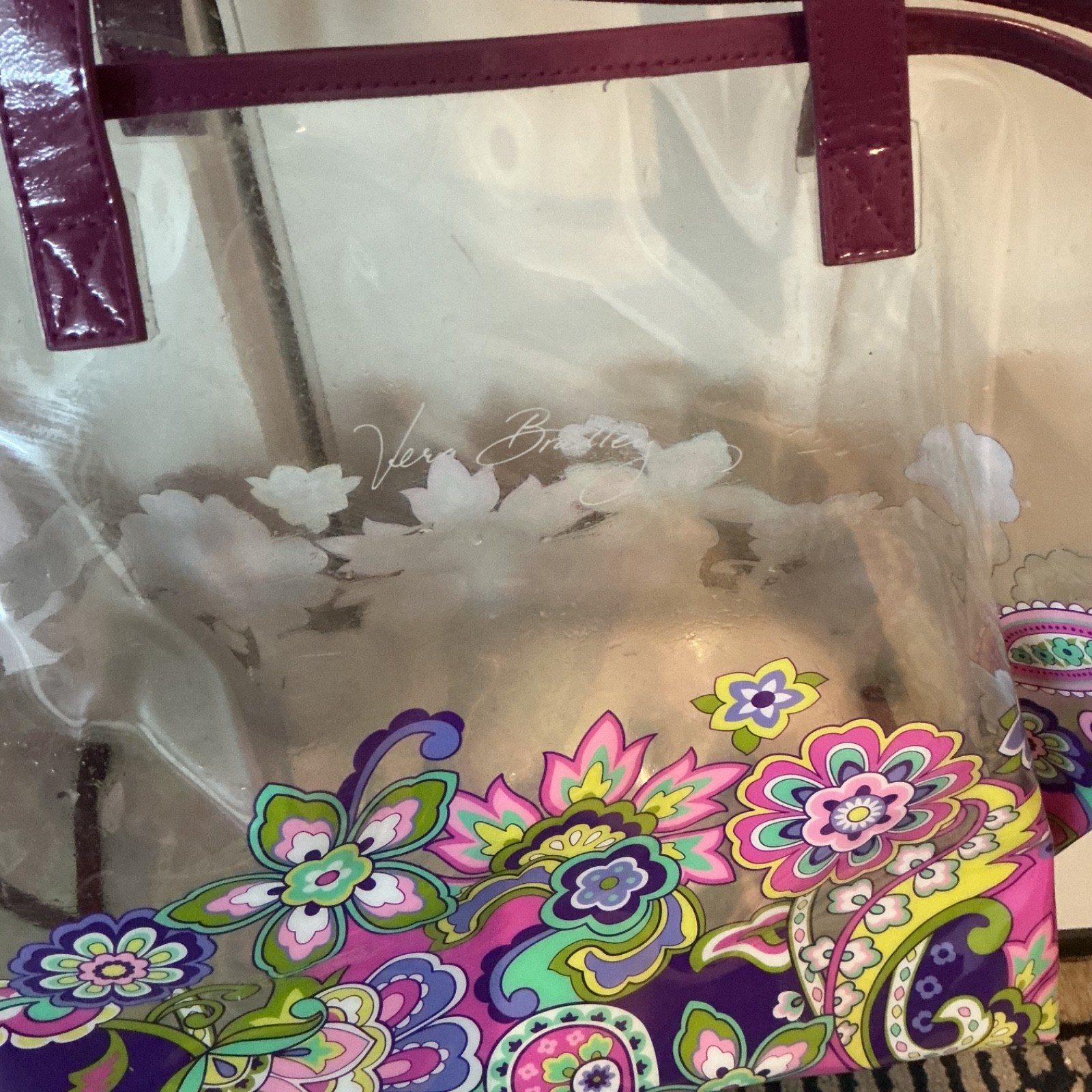 Vera Bradley Purple Floral Clear Large Tote Bag Beach Shopping