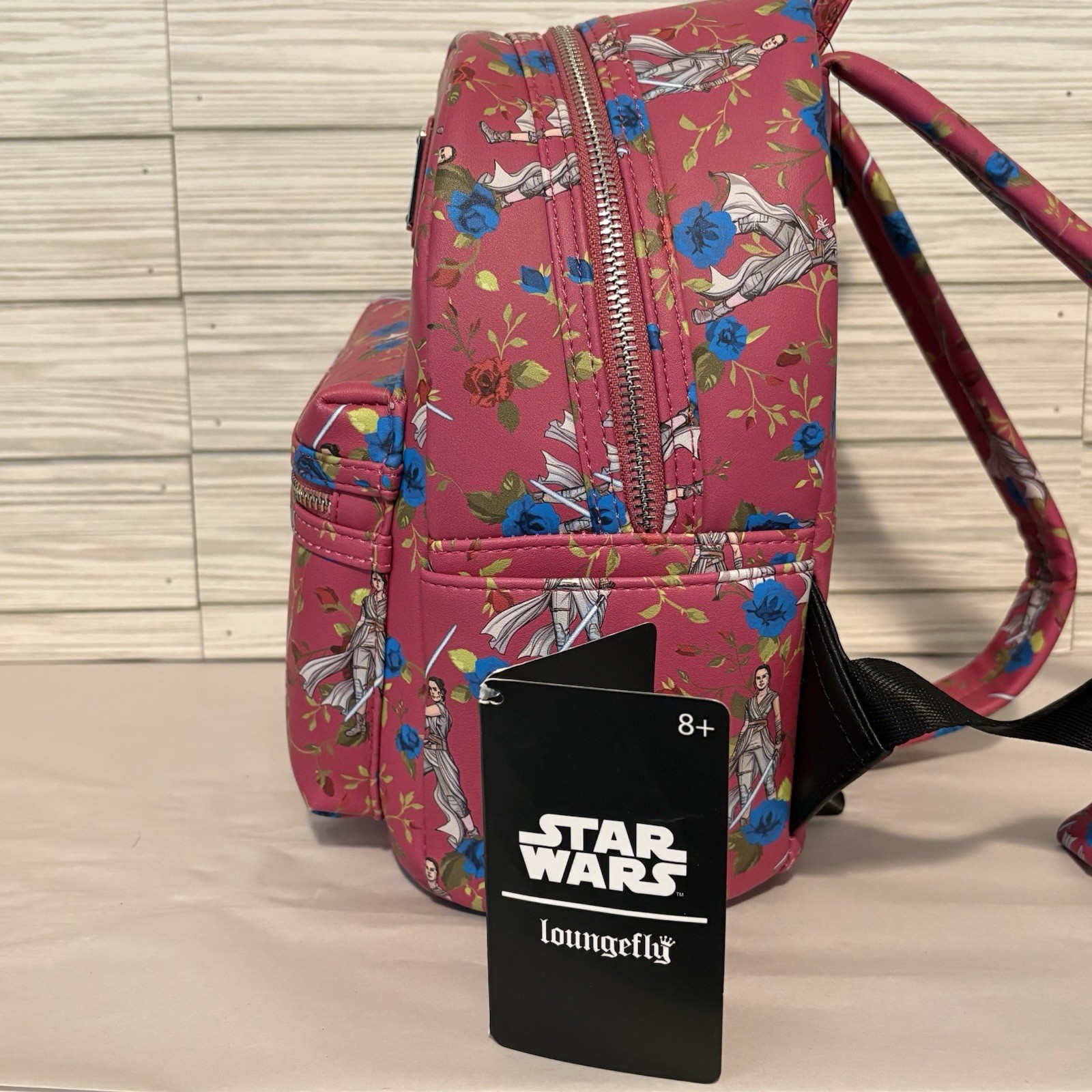 Loungefly Star Wars Rey Mini Backpack Pink Floral Blue Roses AOP NWT Rare Disney