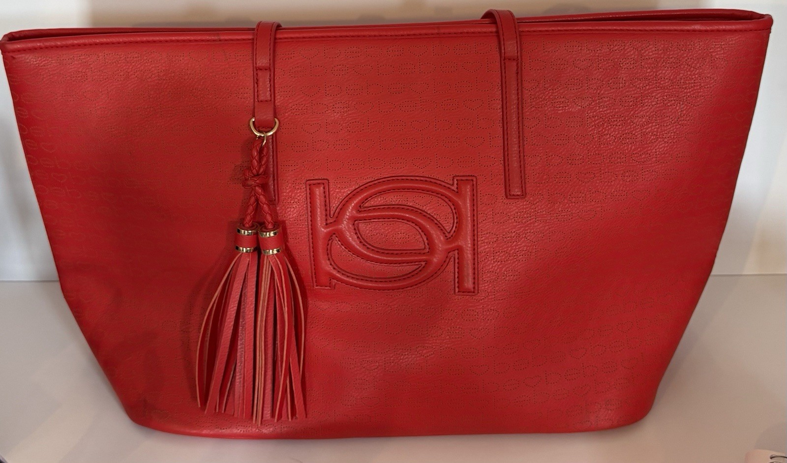 bebe Red Large Tote Handbag Purse Matching Zip Wallet Tassel 2 Strap