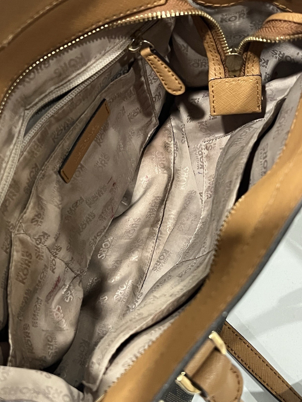 Michael Kors Brown Signature Monogram Satchel Crossbody Bag Gold Hardware