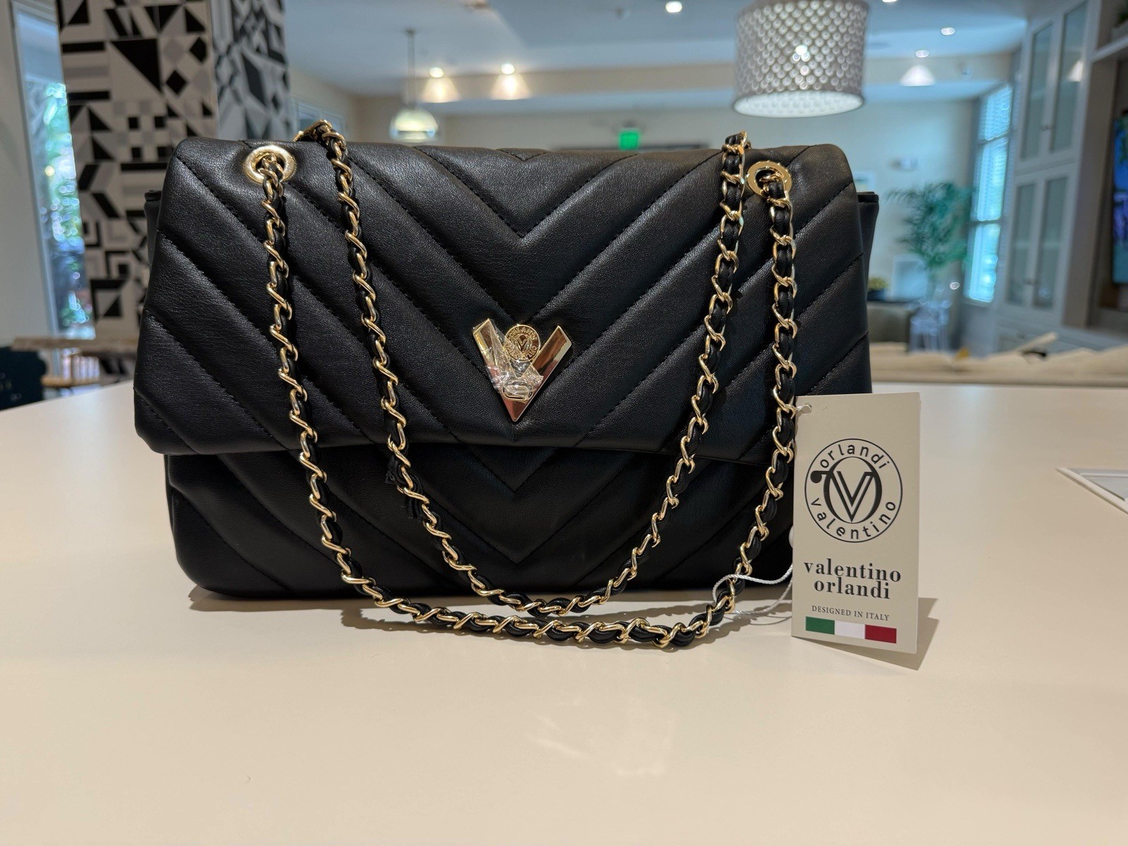 Valentino Orlandi Black Quilted Handbag with Gold chain purse vegan