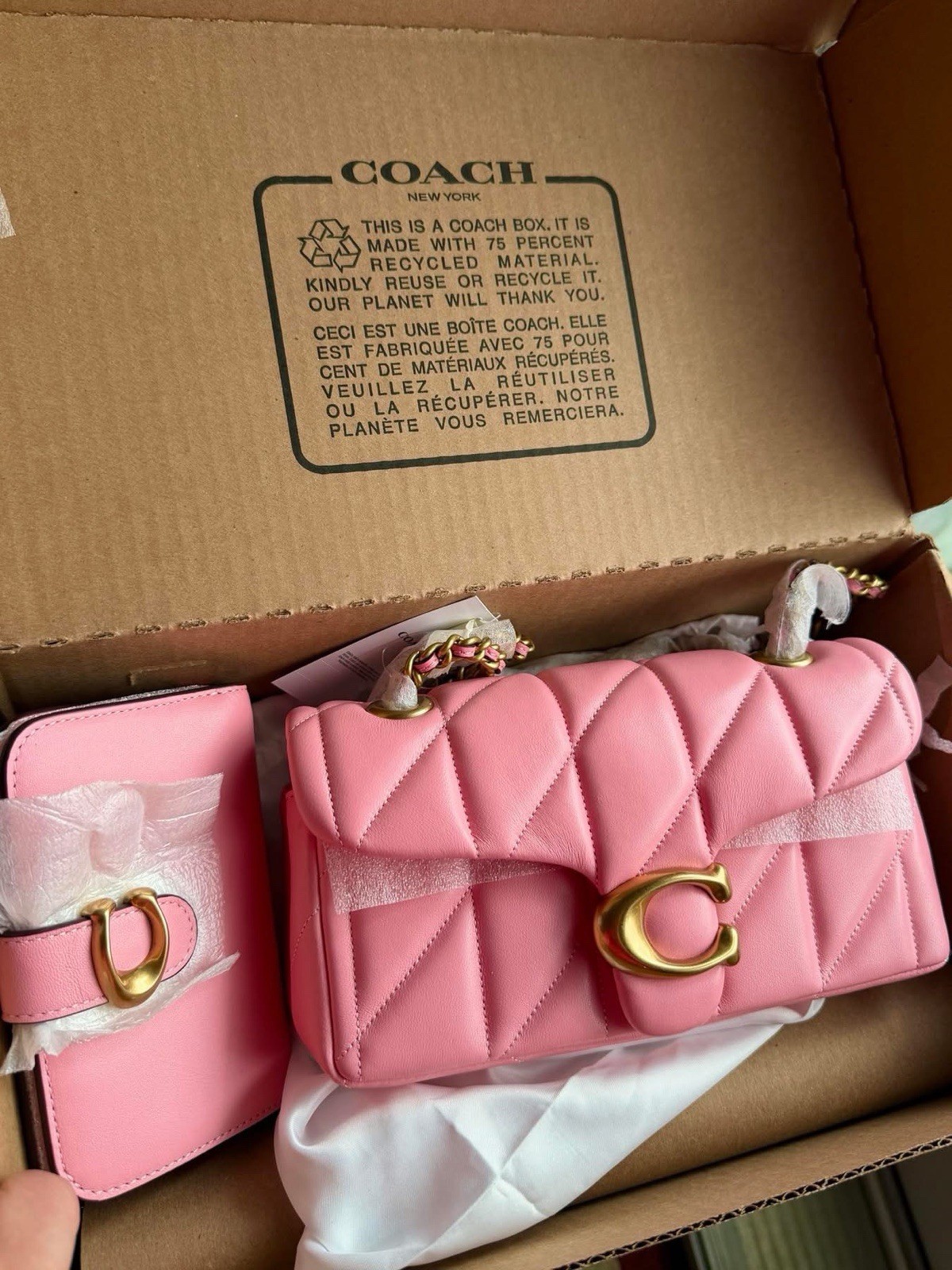 Coach Pink Quilted Crossbody Bag w Chain Strap Turn Lock Size 20