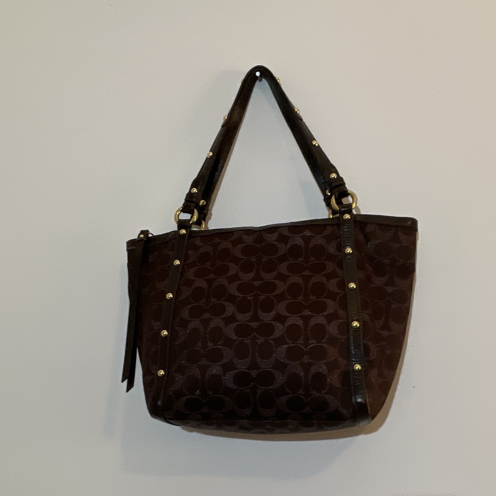 Coach Signature Brown Monogram Tote Bag Zip Closure Lined Inner Pockets Charm