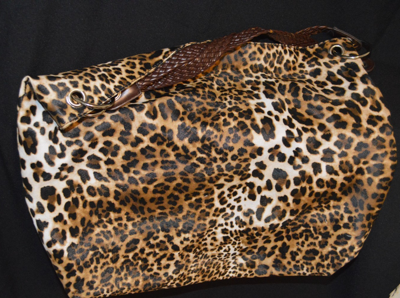 ATTENTION LEOPARD CHEETAH EXTRA LARGE HOBO VINYL BRAIDED STRAPS FRINGE BROWN TAN