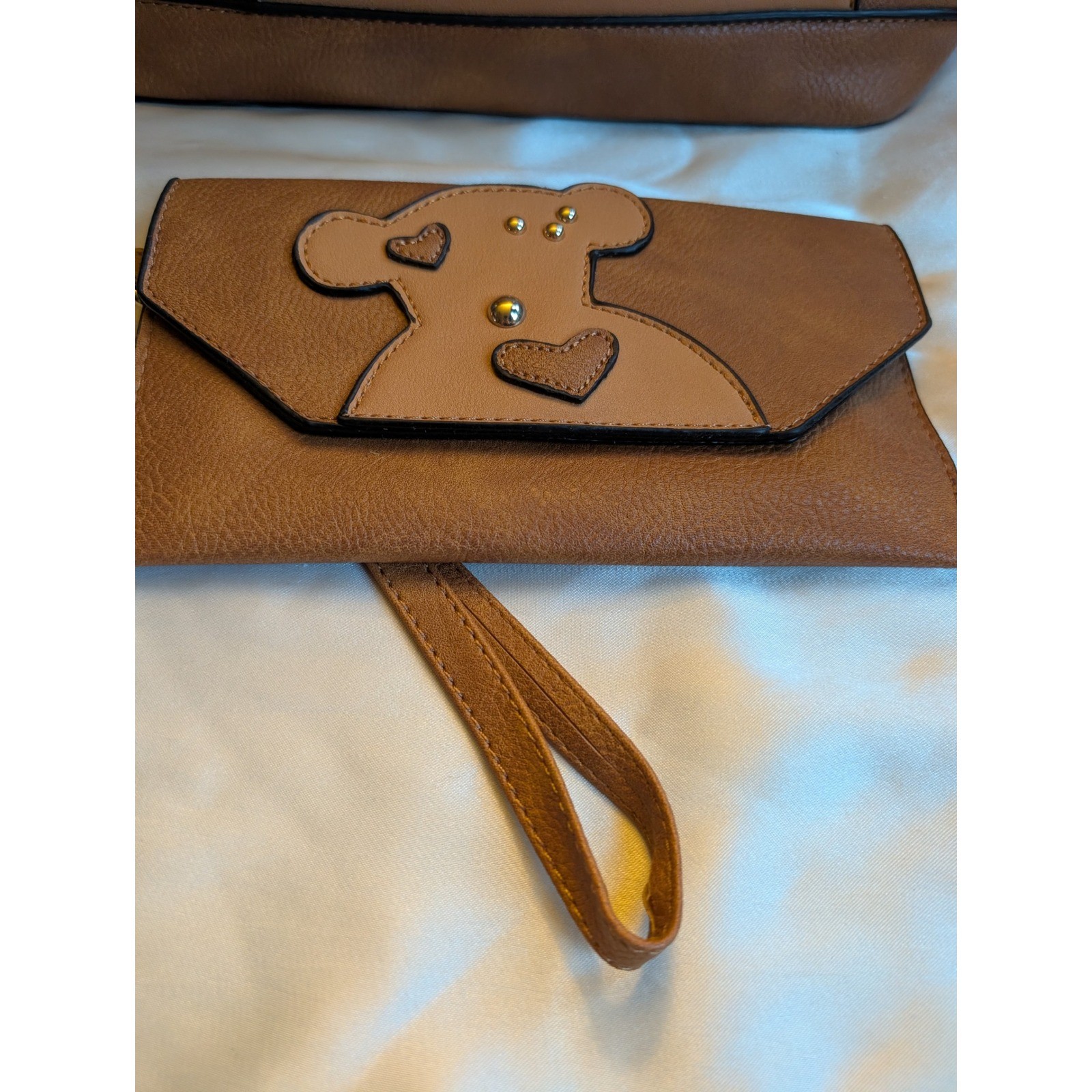 Winking Teddy Bear Tote Bag & Matching Wristlet Set Brown Vegan Leather EUC