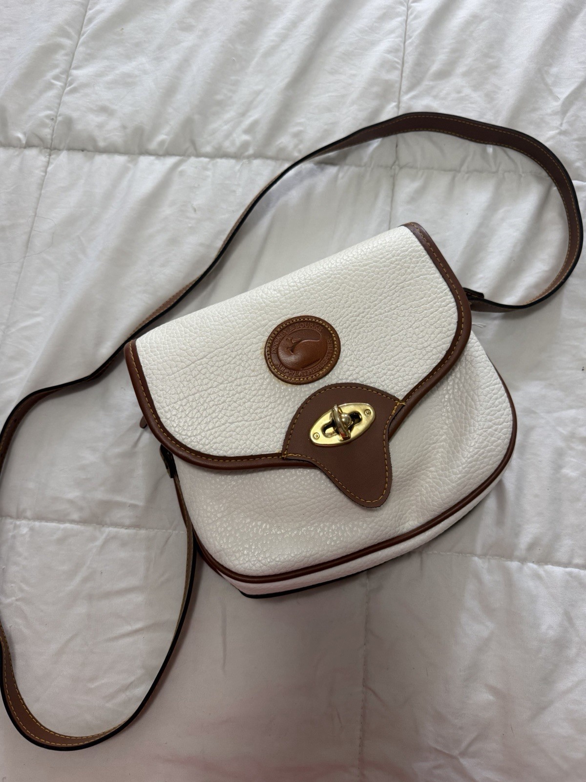 Dooney & Bourke Ivory/Brown Small Crossbody Bag Turn Lock, Gold Hardware