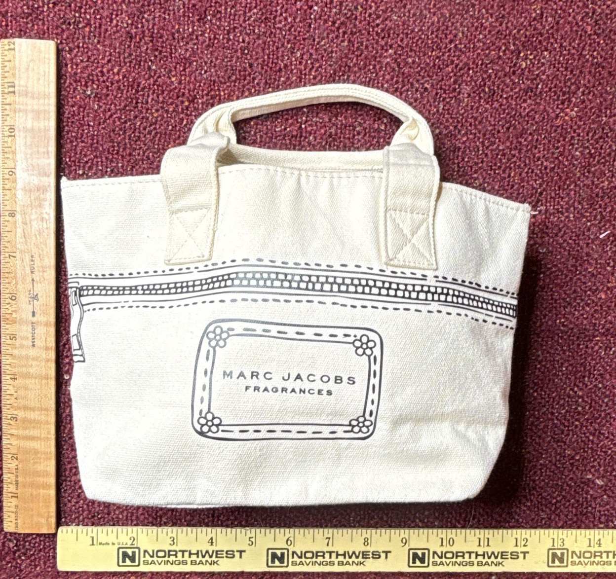 Marc Jacobs Beige Logo Small Tote Top Handle Open Top Lined Black Interior
