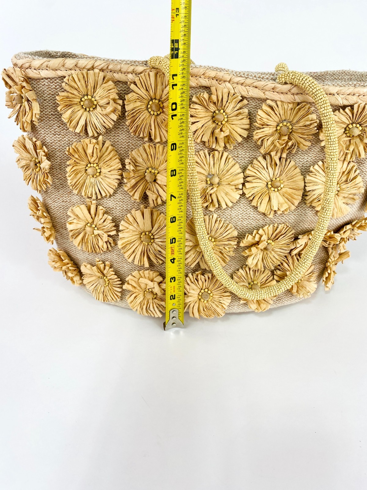 Handcrafted in India Raffia Straw Flower Tote Bag Beaded Handle Beach Boho