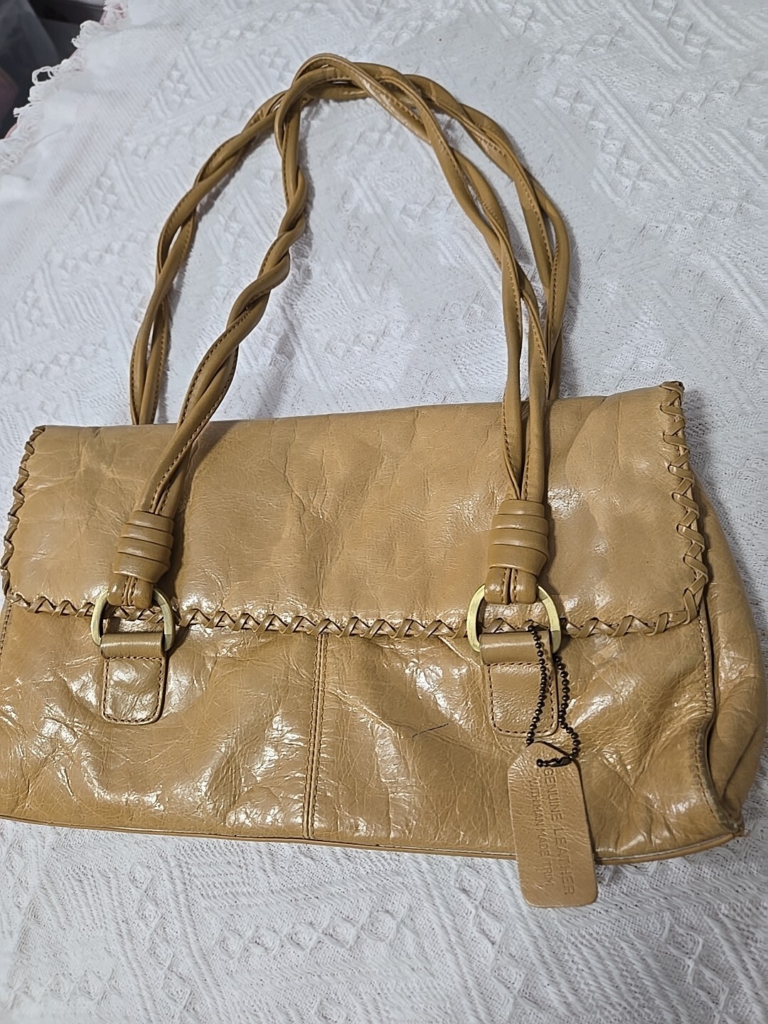 Worthington Leather Satchel Handbag Bag Light Brown, Criss-cross Trim