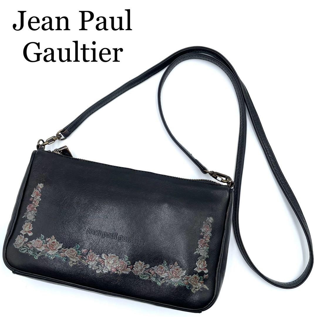 Jean Paul Gaultier Shoulder Bag Crossbody Black Leather Rose Pattern 23x14x5cm
