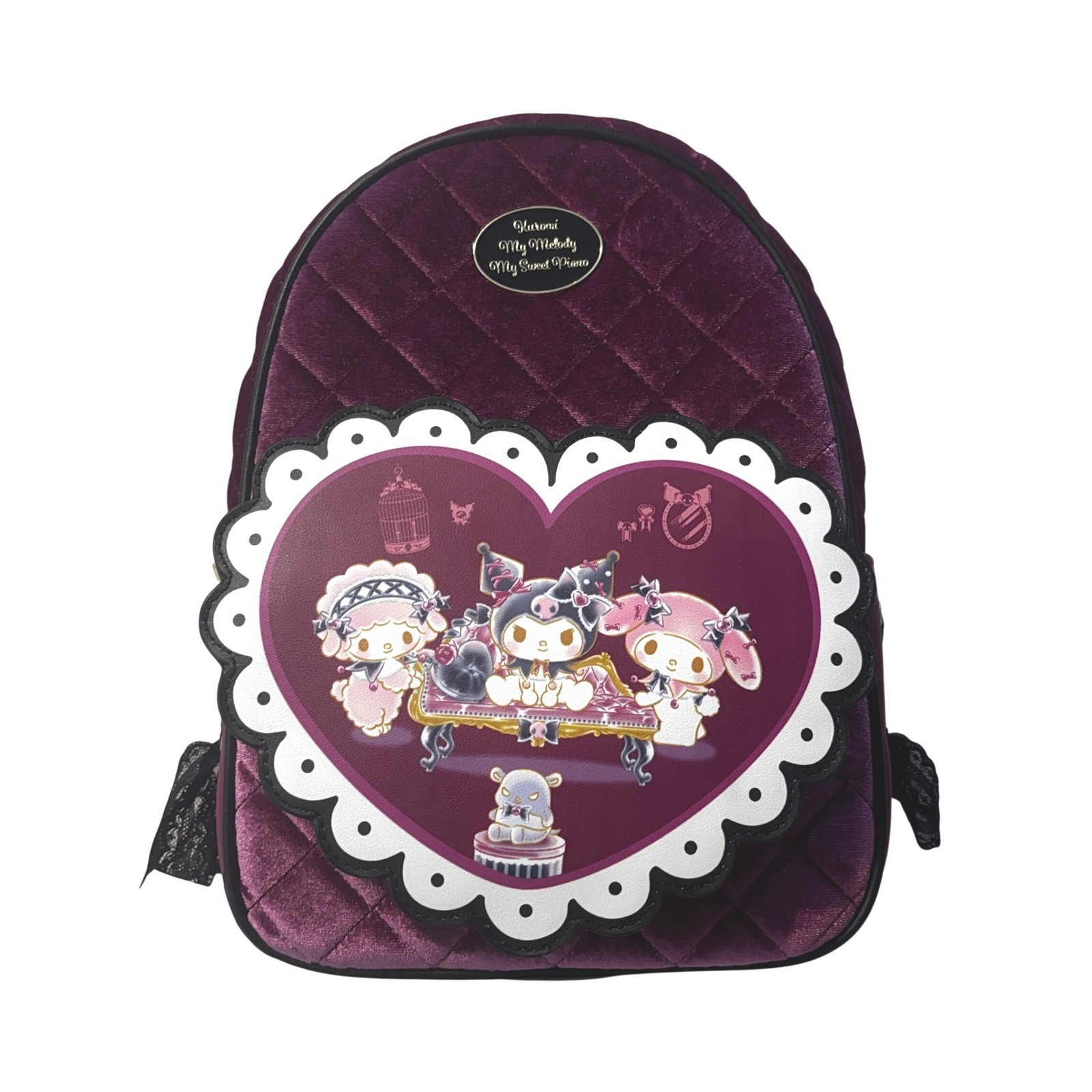 Sanrio Kuromi My Melody My Sweet Piano Quilted Velvet Heart Mini Backpack Purple