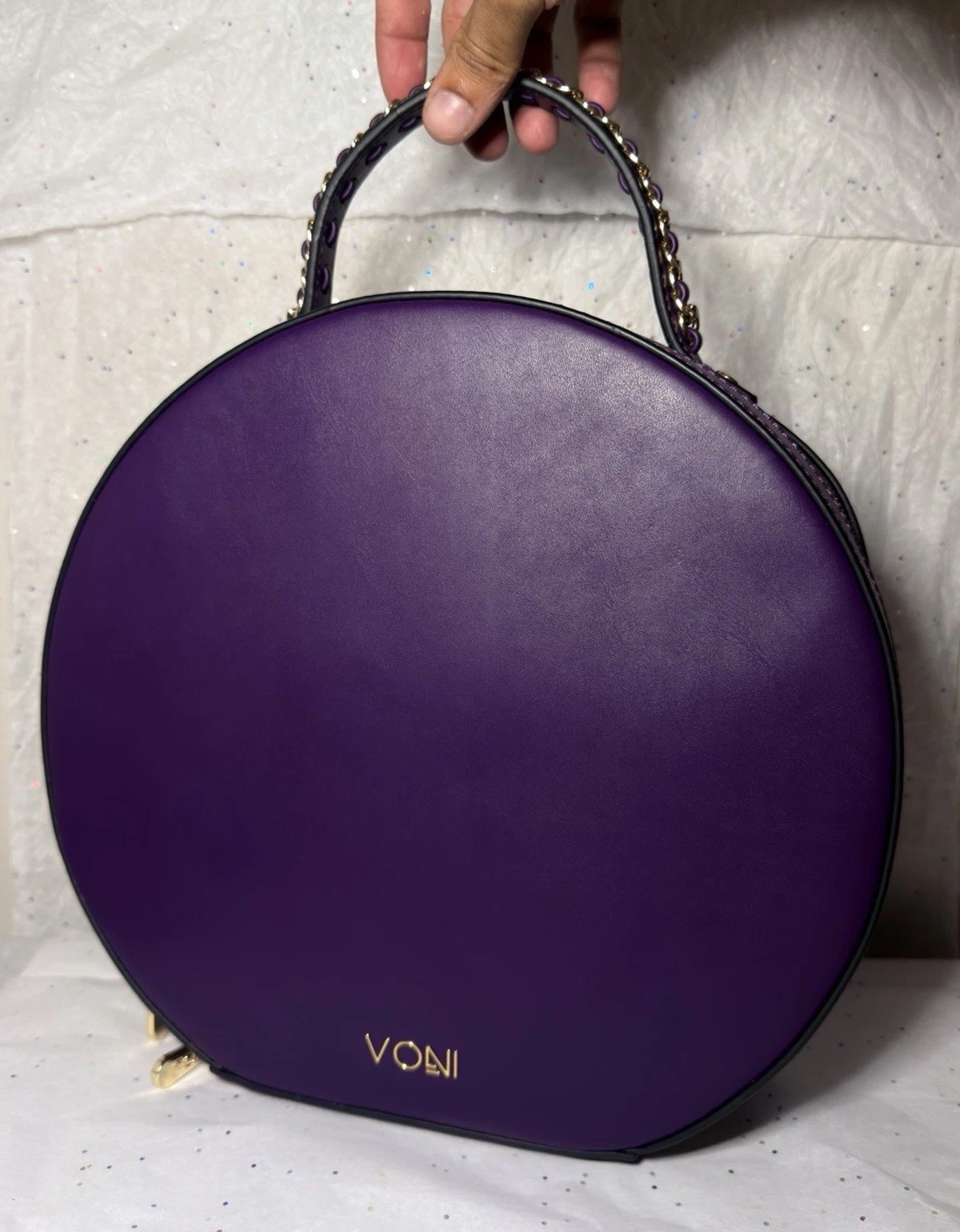 VONI Purple Round Top Handle Bag Gold Hardware Zip, Detachable Strap, Pockets