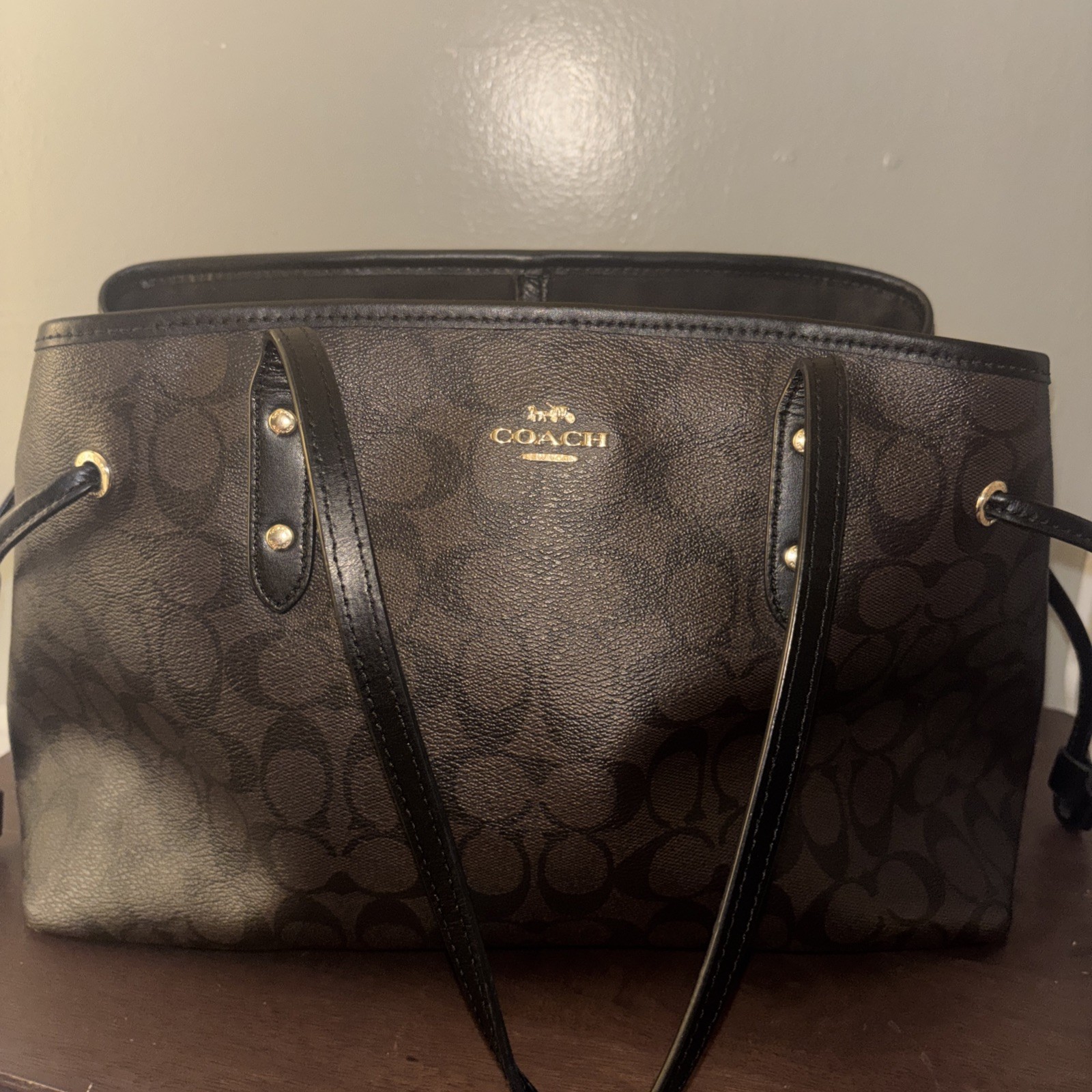 Coach Brown Black Logo Shoulder Bag with Double Handles and Zip Closure