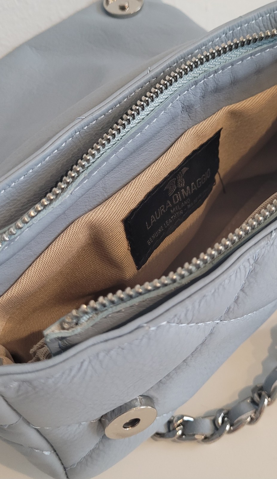Laura di Maggio Milano Quilted Leather Crossbody Bag – Pastel Blue Made in Italy
