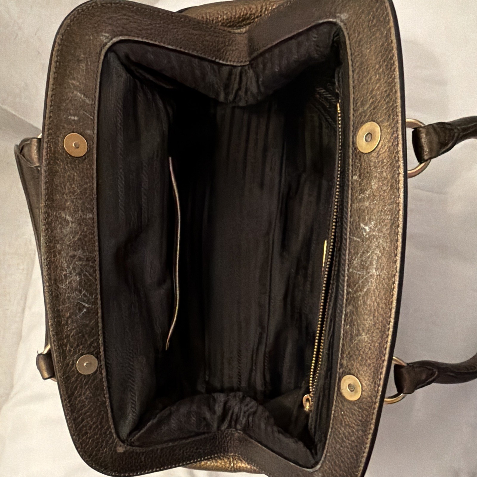 PRADA Brown Pebbled Satchel Top Handle Double Handles Zip Logo Bag Charm