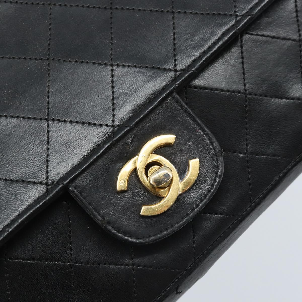 CHANEL Matelasse 25 Double Flap Chain Bag Lamb Skin Gold Black CC Auth bs34164