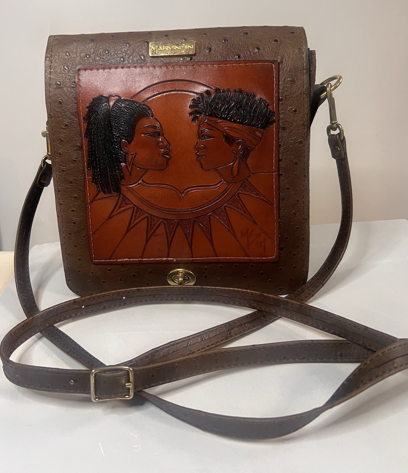 Marvin Sin Hand Tooled Leather Crossbody Bag Signed Artist African Portrait VTG