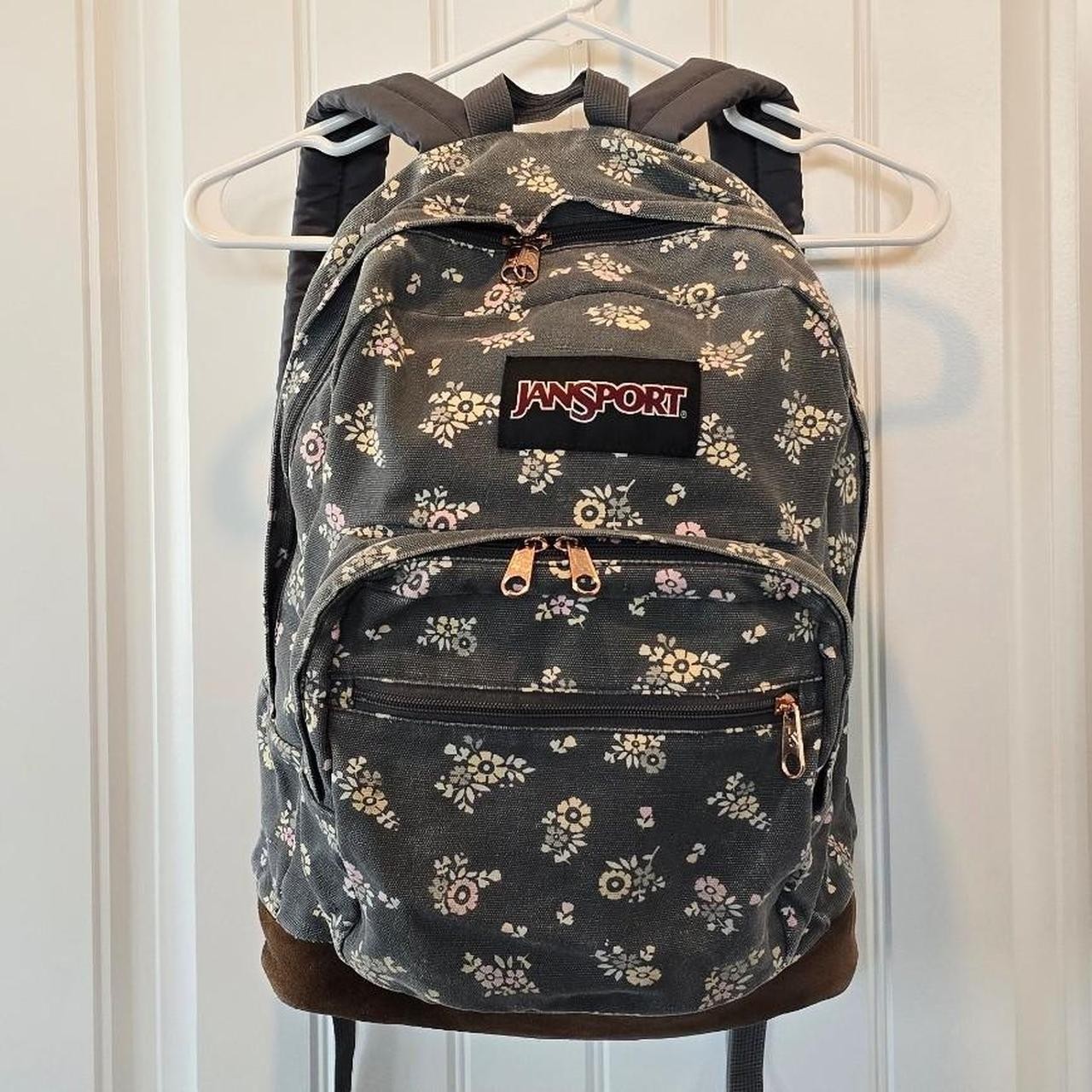 JanSport Floral and Gray Laptop Backpack with Originals Leather Bottom