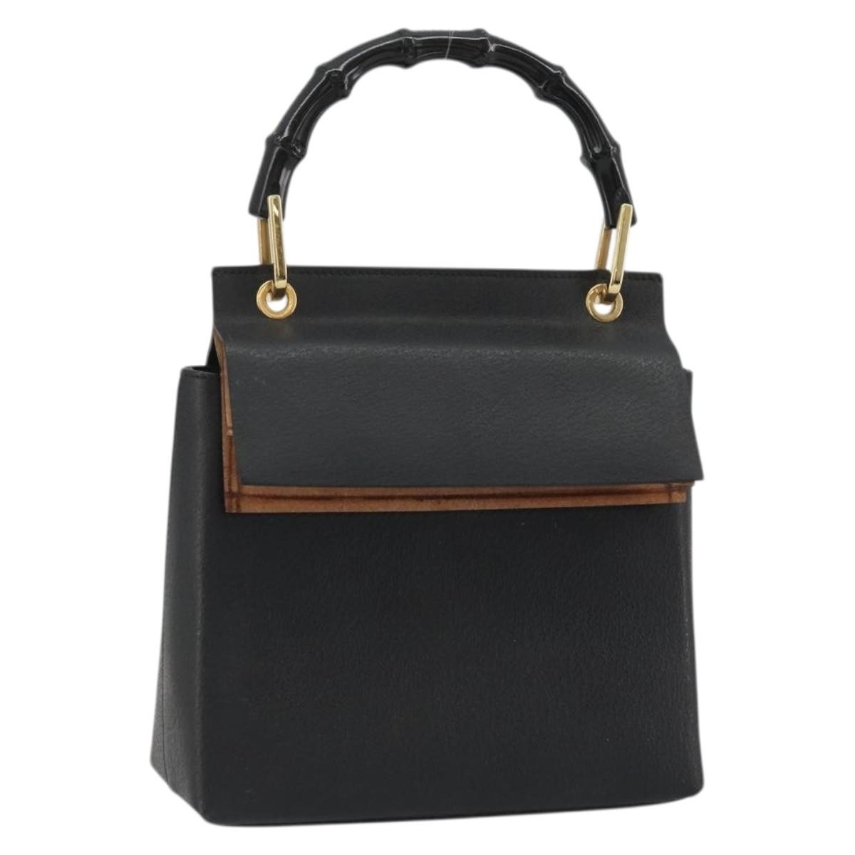 GUCCI Bamboo Hand Bag Leather Black Gold 000 1014 1888 Auth INZ098