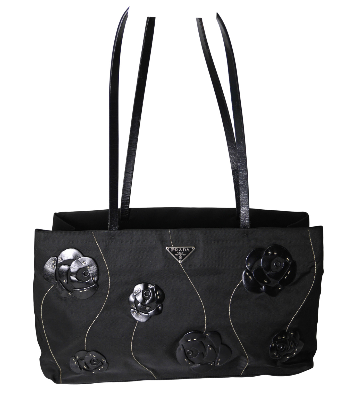 Prada Flower Handbag Black Nylon Tote Bag Shoulder Bag Triangle Logo Plate