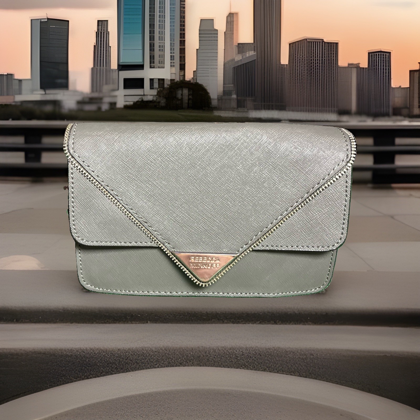 Rebecca Minkoff Avery Envelope Crossbody Bag Metallic Silver Gray Leather Purse