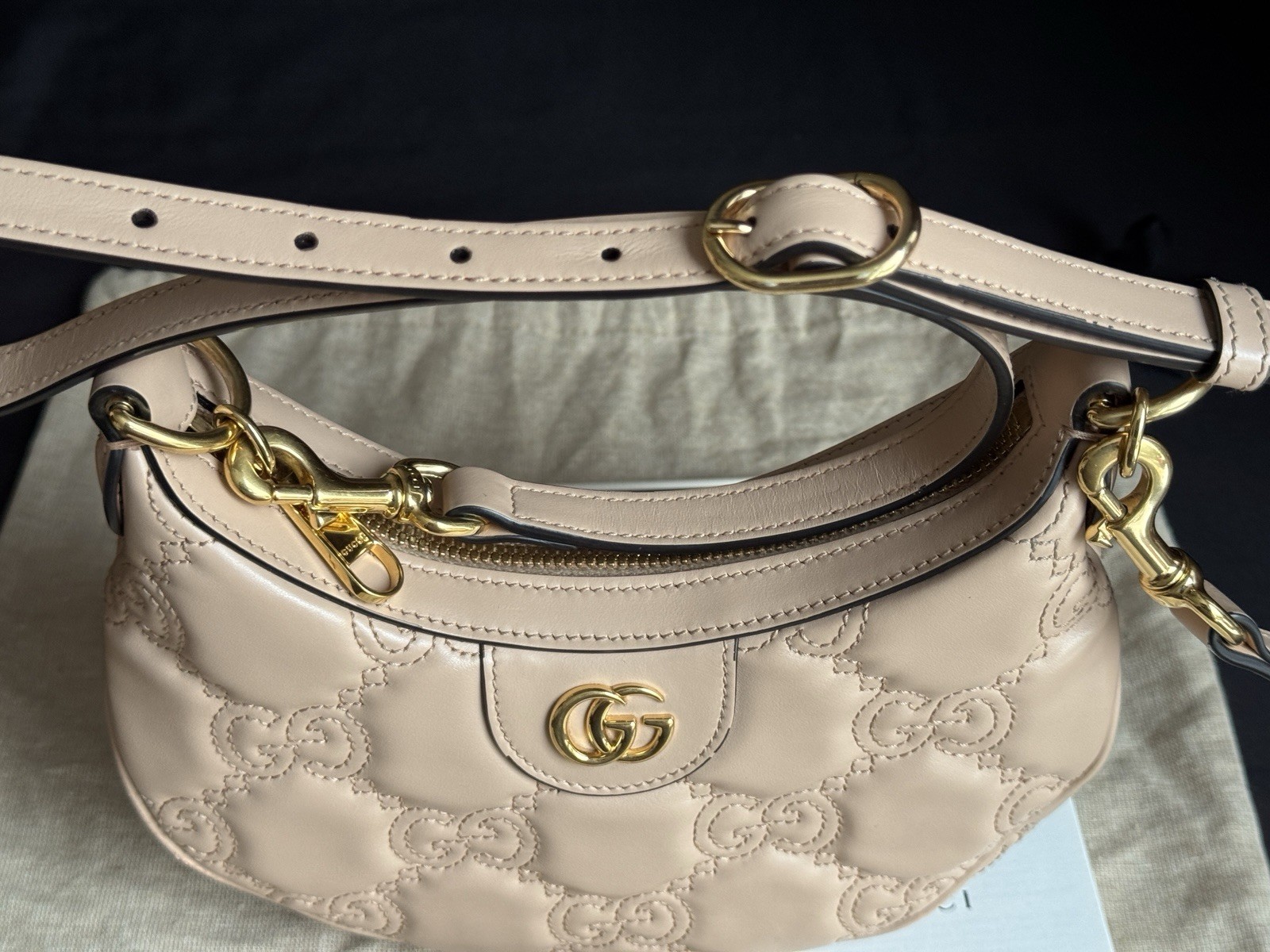 GUCCI 739736 Mini GG Marmont Mantelasse’ Crescent Leather Shoulder Bag Beige
