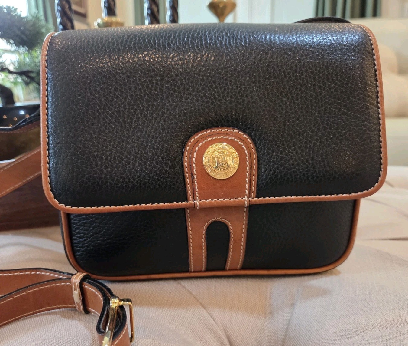 Vintage CELINE Gold Blazon Triomphe Black + Tan Leather Flap-over Bag Rare Mint
