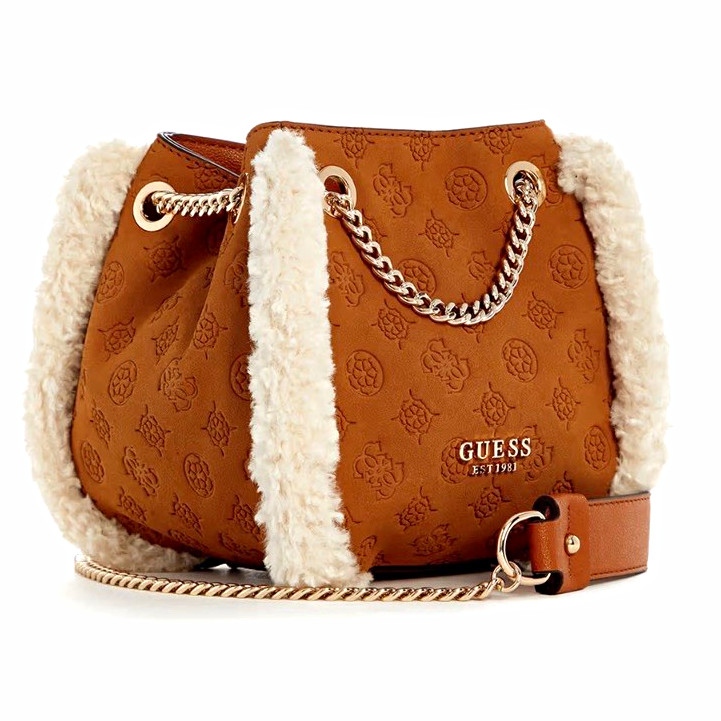 GUESS Cognac Davika Convertible Crossbody Bag Faux Fur Trim Gold Hardware