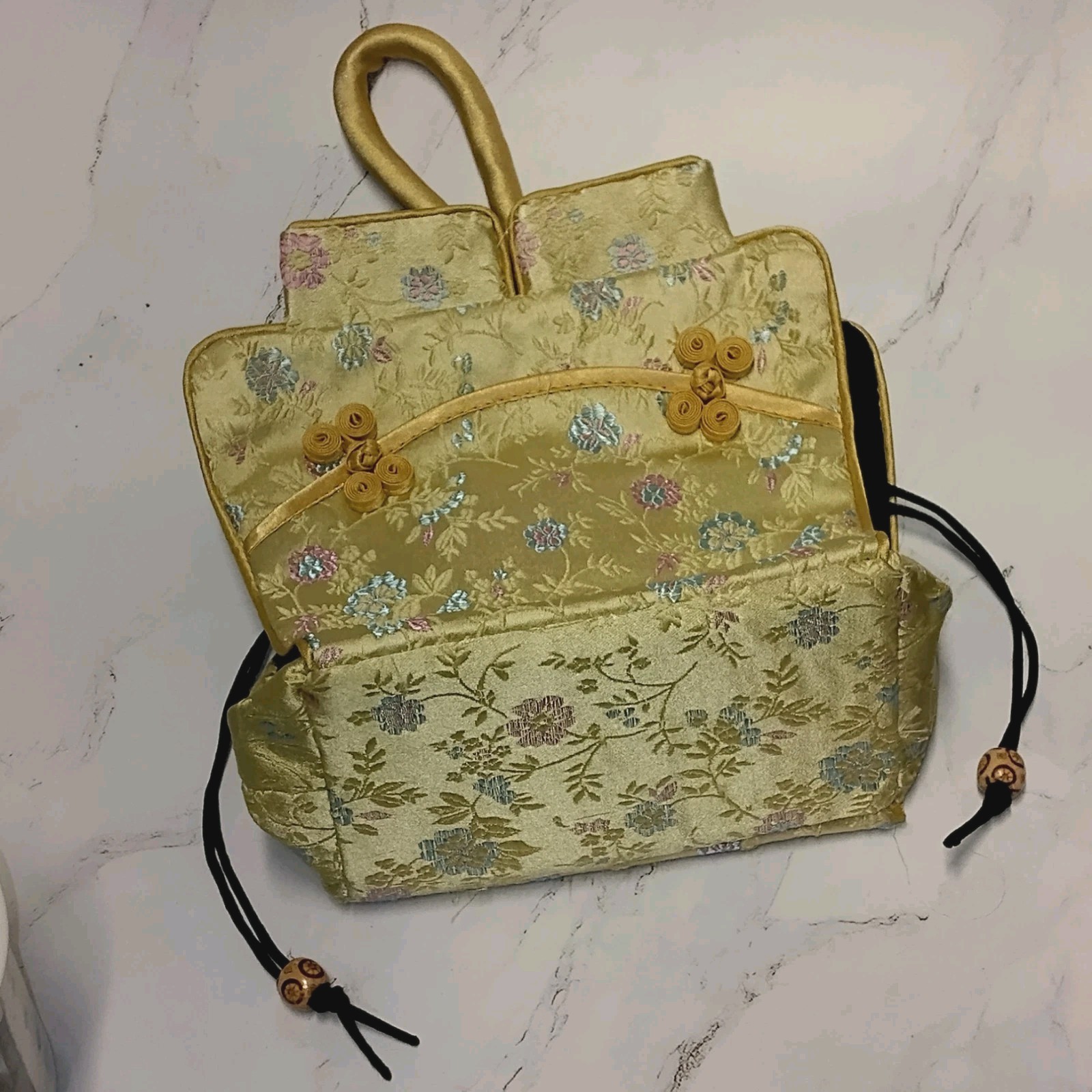 Yellow Asian Drawstring Kimono Makeup Bag – Satin Silky Embroidered Purse Clutch