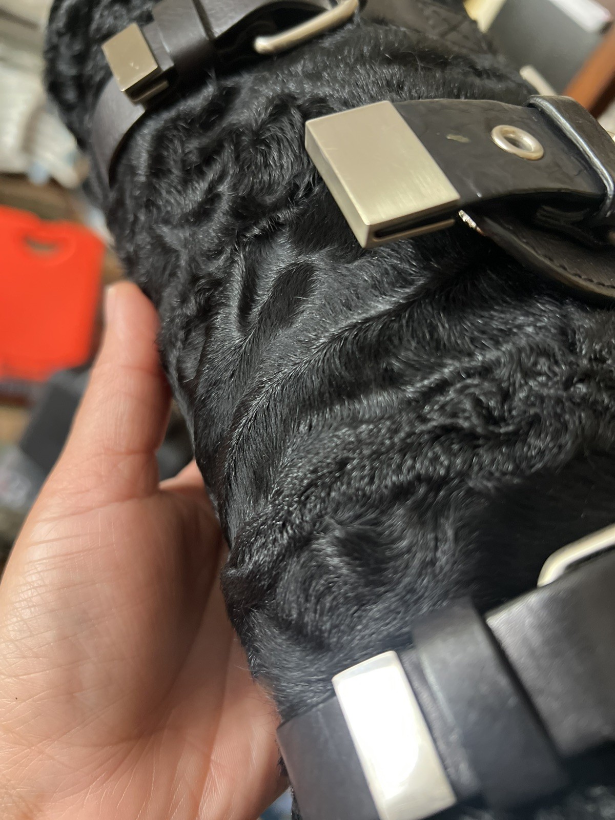 CYNTHIA ROWLEY BLACK CURLY FUR HANDBAG SHOULDER BAG LEATHER ACCENTS